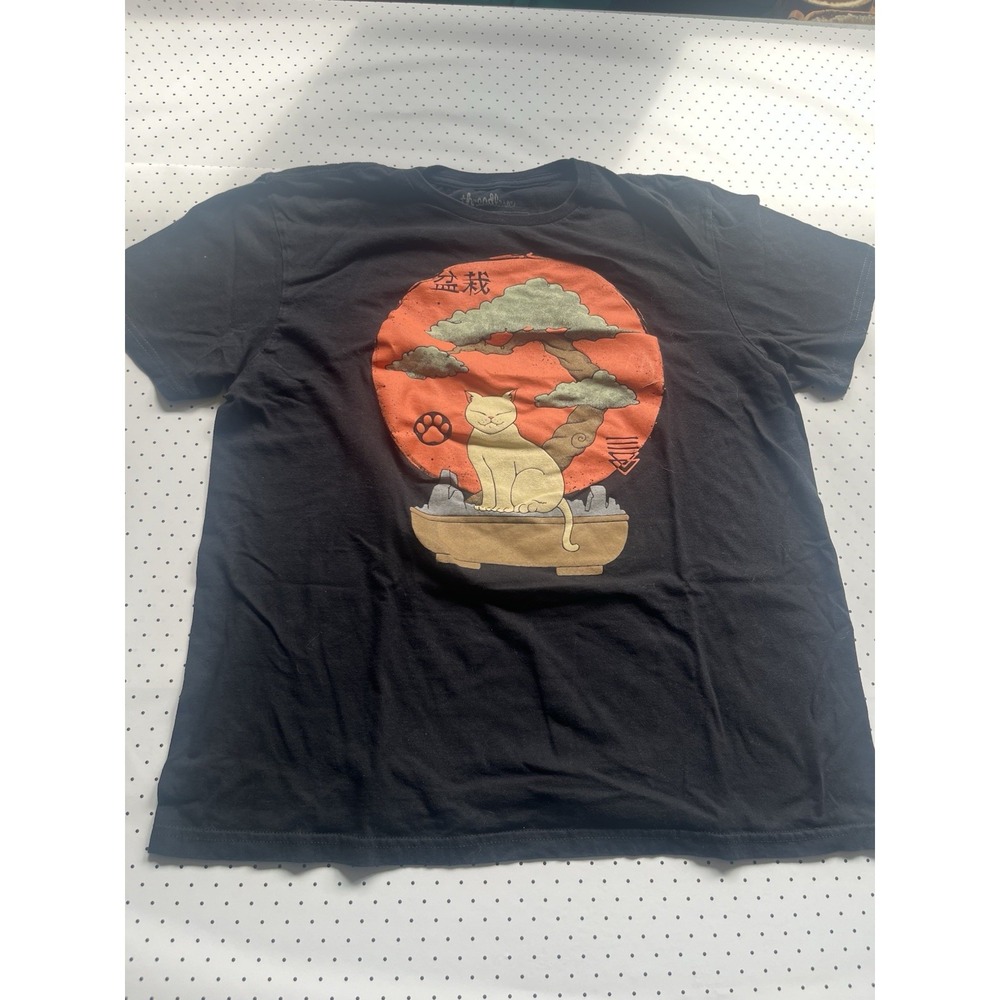 Japanese Bonsai Cat Tee Anime Aesthetic Black Graphic Shirt Large
